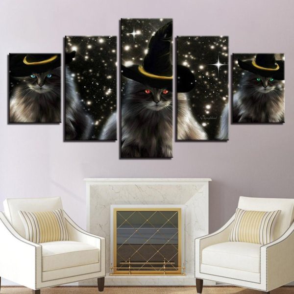 Cats With A Hat - Abstract Animal 5 Panel Canvas Art Wall Decor