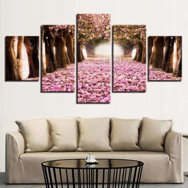 Cherry Blossoms Forest Path Flowers Trees Nature - Nature 5 Panel Canvas Art Wall Decor