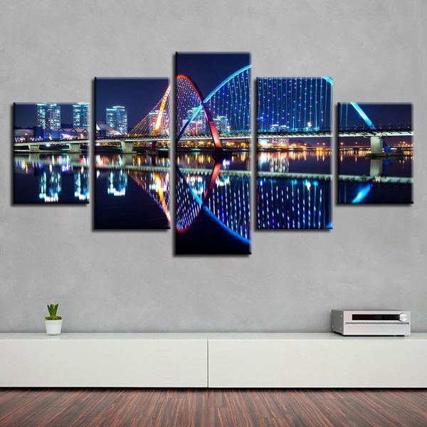 City Building And Bridge 1 - Nature 5 Panel Canvas Art Wall Decor