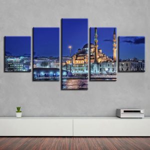 City Building And Riverside 1 - Nature 5 Panel Canvas Art Wall Decor