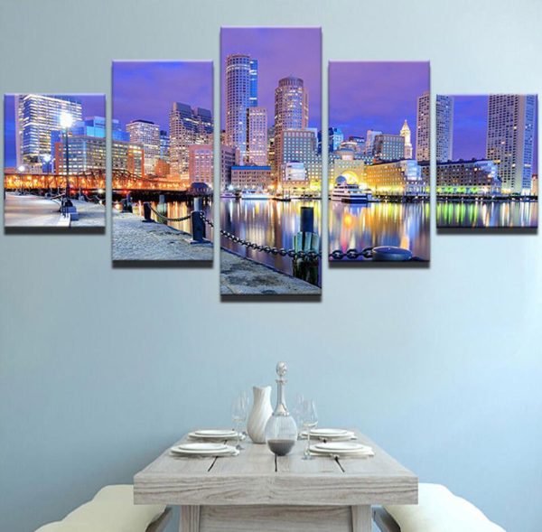 City Building Night 3 - Nature 5 Panel Canvas Art Wall Decor