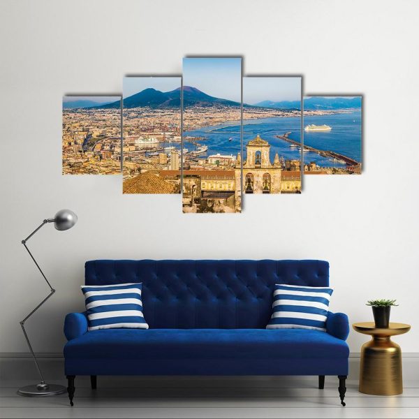 City Of Naples With Mount Vesuvius - Nature 5 Panel Canvas Art Wall Decor