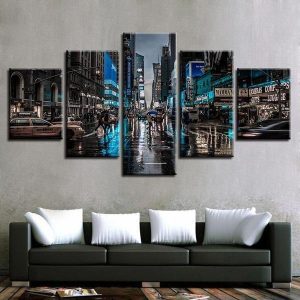 City Street Car Night Scene - Nature 5 Panel Canvas Art Wall Decor