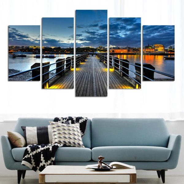 Cityscape Sunset And Bridge - Nature 5 Panel Canvas Art Wall Decor