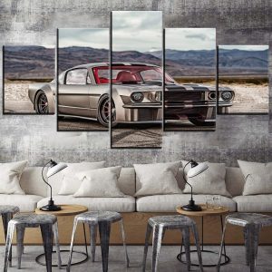 Classic Silver Muscle Ford Mustang Car & Motor - 5 Panel Canvas Art Wall Decor