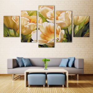 Classic Yellow Tulip Flower - Nature 5 Panel Canvas Art Wall Decor