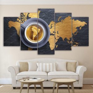 Coffee World Map Artwork - Kitchen 5 Panel Canvas Art Wall Decor