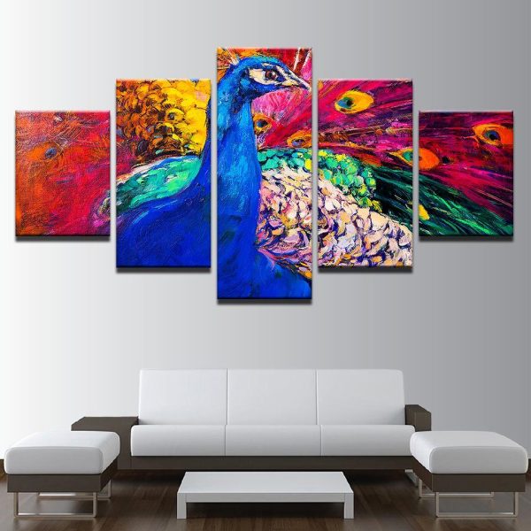 Color Abstract Peacock Peafowl - Animal 5 Panel Canvas Art Wall Decor