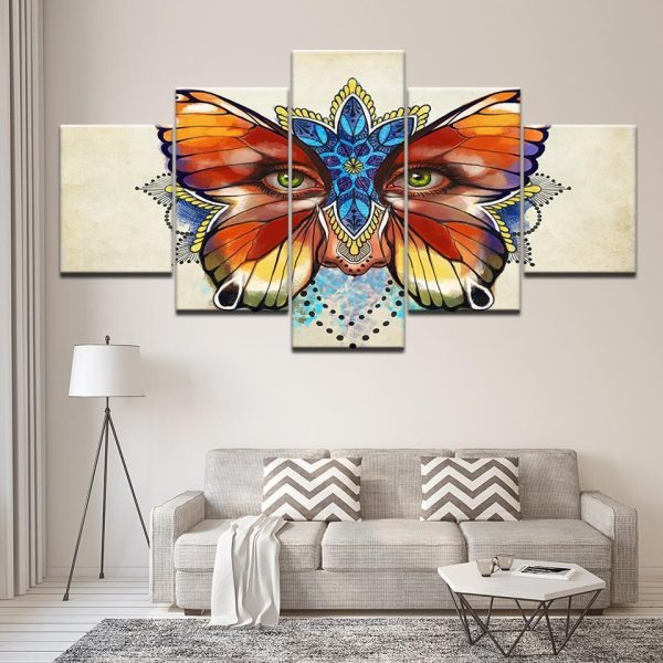 Colorful Butterfly Flowers Eyes - Abstract 5 Panel Canvas Art Wall Decor