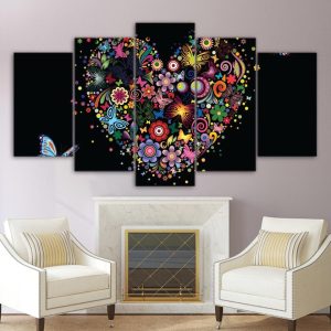 Colorful Heart Butterfly - Abstract 5 Panel Canvas Art Wall Decor