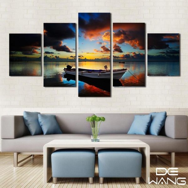 Colorful Landscape And Long-Tailed Boat - Nature 5 Panel Canvas Art Wall Decor