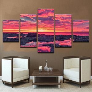 Colorful Sunrise At The Beach - Space 5 Panel Canvas Art Wall Decor