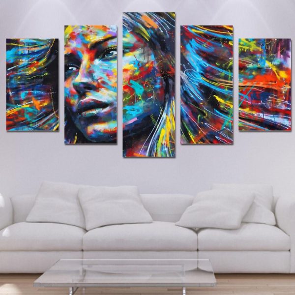 Colourful Painted Woman - Abstract 5 Panel Canvas Art Wall Decor