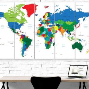 Colourful Travel World Map In White - World Map 5 Panel Canvas Art Wall Decor