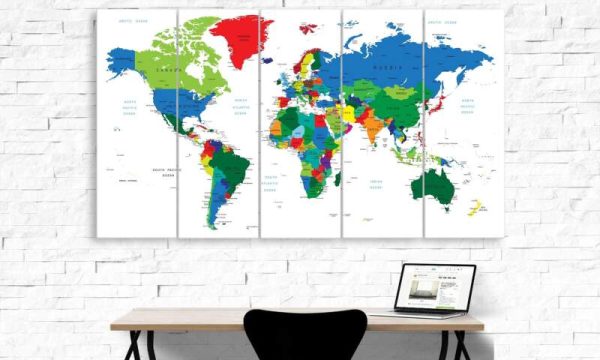 Colourful Travel World Map In White - World Map 5 Panel Canvas Art Wall Decor