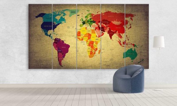 Colourful World Map - World Map 5 Panel Canvas Art Wall Decor