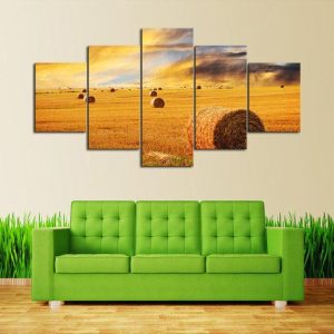 Country Hayfield Harvest - Nature 5 Panel Canvas Art Wall Decor