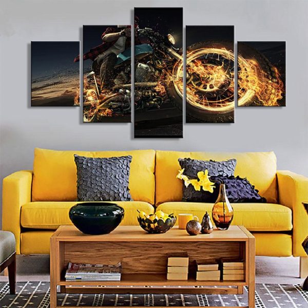 Cross Country Motorcycle Flame - Automative 5 Panel Canvas Art Wall Decor