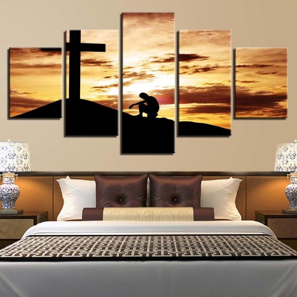 Cross Sunset - Religion 5 Panel Canvas Art Wall Decor