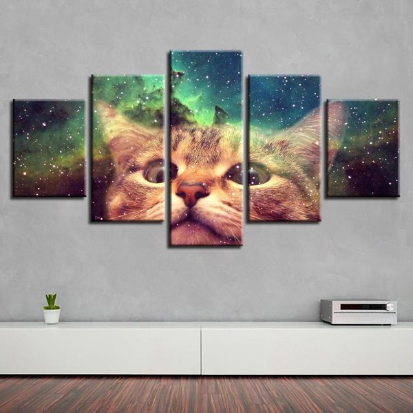 Cute Cat And Starry Sky - Animal 5 Panel Canvas Art Wall Decor