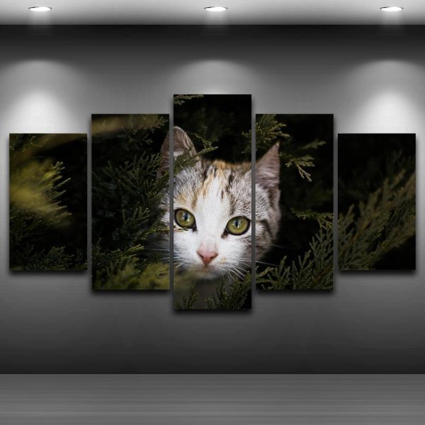 Cute Cat Animal Tableau - Animal 5 Panel Canvas Art Wall Decor