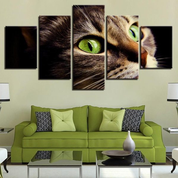 Cute Green Eycat - Animal 5 Panel Canvas Art Wall Decor