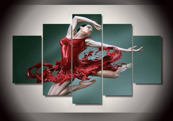 Dance Of The Red Skirt Girl - Abstract 5 Panel Canvas Art Wall Decor