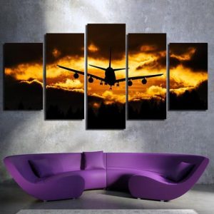 Dark Clouds And Airplane In Sunset - Airplane 5 Panel Canvas Art Wall Decor