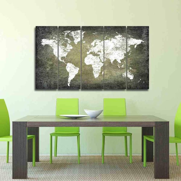 Dark Grunge White World Map - World Map 5 Panel Canvas Art Wall Decor