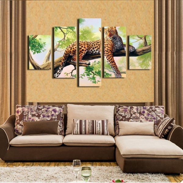 Dark Red Leopard On The Tree - Animal 5 Panel Canvas Art Wall Decor