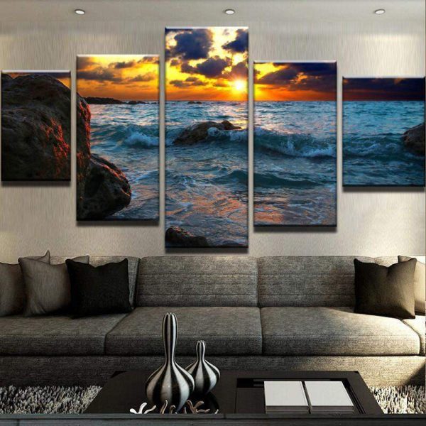 Dark Sunset Over The Ocean - Nature 5 Panel Canvas Art Wall Decor