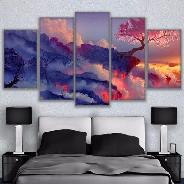 Darkness Into Light Blossoms Cherry Tree In Lava Volcano - Nature 5 Panel Canvas Art Wall Decor