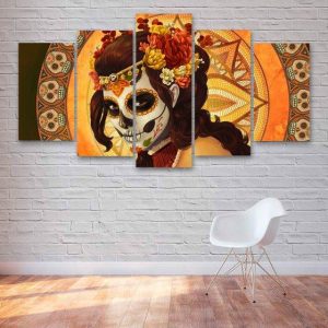 Day Of The Dead Woman - Abstract 5 Panel Canvas Art Wall Decor