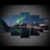 Dazzling Northern Lights Aurora Mountain Reflection Over Lake 01 - Nature 5 Panel Canvas Art Wall Decor