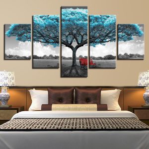 Decor Blue Big Tree Rchair Abstract Landscape - Nature 5 Panel Canvas Art Wall Decor