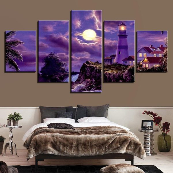 Decor Coastal Village House Lighthouse Moonlit Night - Nature 5 Panel Canvas Art Wall Decor