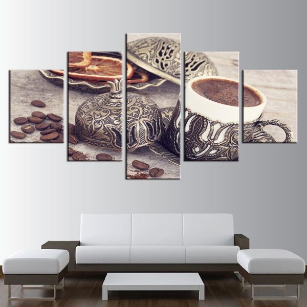 Decor Coffee Bean And Coffee Cup Kitchen - Nature 5 Panel Canvas Art Wall Decor