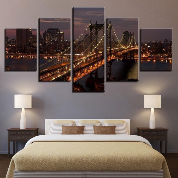 Decor Manhattan Bridge New York City Night Landscape - Nature 5 Panel Canvas Art Wall Decor