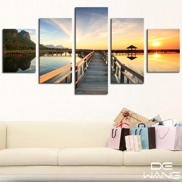 Decorative Lake And Sunset - Nature 5 Panel Canvas Art Wall Decor