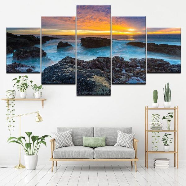 Decors Blue Sea Seaside Reef Sunset Seascape - Nature 5 Panel Canvas Art Wall Decor