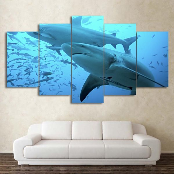 Deep Blue Ocean Animal Big Shark - Animal 5 Panel Canvas Art Wall Decor