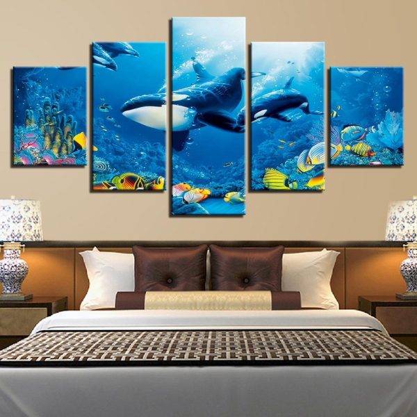 Deep Blue Ocean Whale Goldfish - Animal 5 Panel Canvas Art Wall Decor