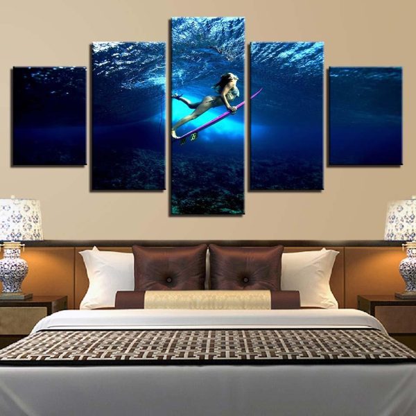 Deep Sea Girl Diving - Abstract 5 Panel Canvas Art Wall Decor