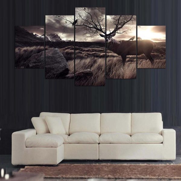 Deer Buck Antler Tree Wildlife Animal - 5 Panel Canvas Art Wall Decor