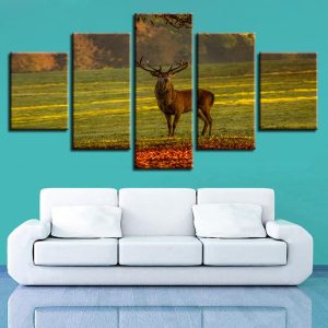 Deer In The Grass - Animal 5 Panel Canvas Art Wall Decor