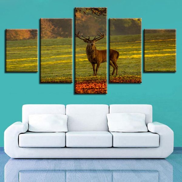 Deer In The Grass - Animal 5 Panel Canvas Art Wall Decor