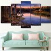 Deers By The Lake - Animal 5 Panel Canvas Art Wall Decor