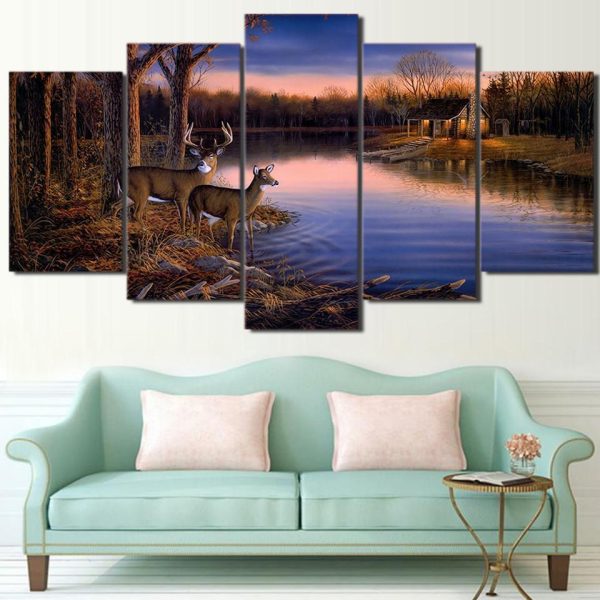 Deers By The Lake - Animal 5 Panel Canvas Art Wall Decor