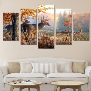 Deers Forest Landscape Ed - Animal 5 Panel Canvas Art Wall Decor