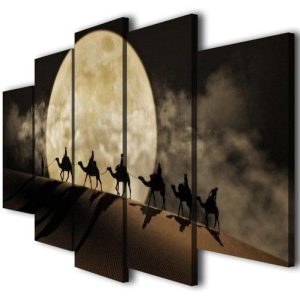 Desert Moon Camels - Animal 5 Panel Canvas Art Wall Decor